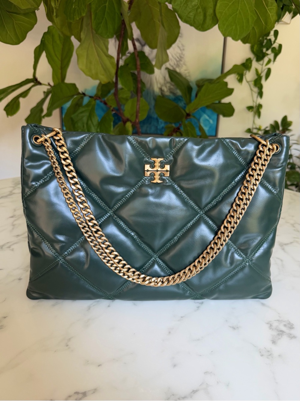 Tory Burch Kira Diamond Quilted Leather Shoulder Bag Large Green / Gold Chain